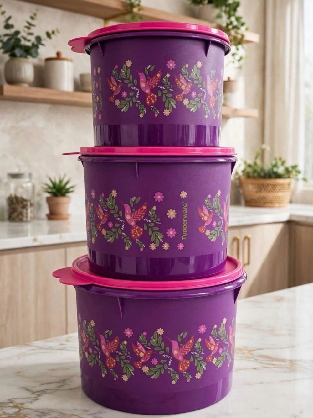 Tupperware Purple and Pink Floral Nesting Storage Set